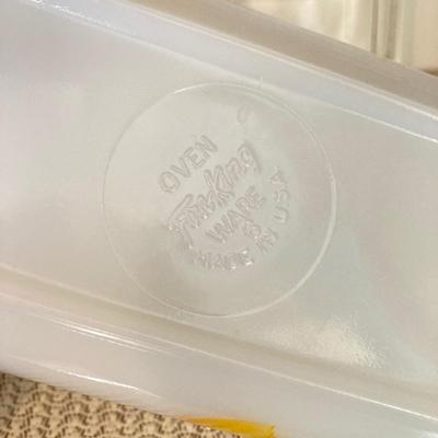 LOT 66: Vintage Fire King Oven Ware Milk Glass Pear Peach Grapes Set with Cookbooks, Towels and More