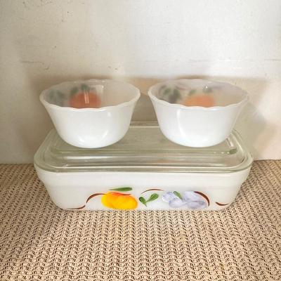 LOT 66: Vintage Fire King Oven Ware Milk Glass Pear Peach Grapes Set with Cookbooks, Towels and More