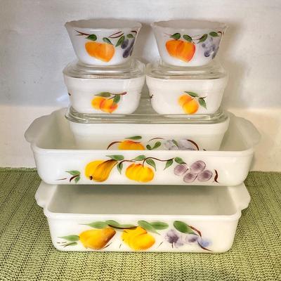 LOT 66: Vintage Fire King Oven Ware Milk Glass Pear Peach Grapes Set with Cookbooks, Towels and More