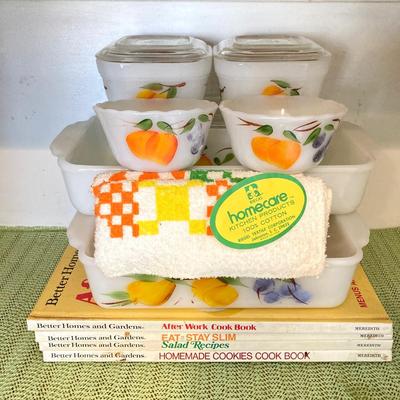 LOT 66: Vintage Fire King Oven Ware Milk Glass Pear Peach Grapes Set with Cookbooks, Towels and More
