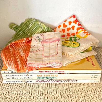 LOT 66: Vintage Fire King Oven Ware Milk Glass Pear Peach Grapes Set with Cookbooks, Towels and More