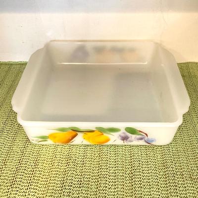 LOT 66: Vintage Fire King Oven Ware Milk Glass Pear Peach Grapes Set with Cookbooks, Towels and More