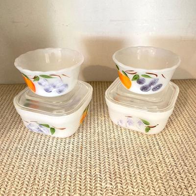 LOT 66: Vintage Fire King Oven Ware Milk Glass Pear Peach Grapes Set with Cookbooks, Towels and More