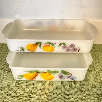 LOT 66: Vintage Fire King Oven Ware Milk Glass Pear Peach Grapes Set with Cookbooks, Towels and More