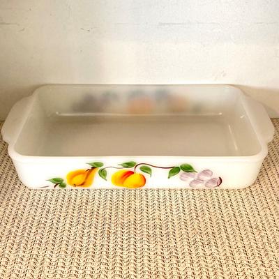 LOT 66: Vintage Fire King Oven Ware Milk Glass Pear Peach Grapes Set with Cookbooks, Towels and More