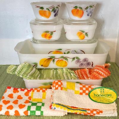 LOT 66: Vintage Fire King Oven Ware Milk Glass Pear Peach Grapes Set with Cookbooks, Towels and More