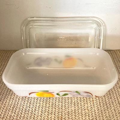 LOT 66: Vintage Fire King Oven Ware Milk Glass Pear Peach Grapes Set with Cookbooks, Towels and More