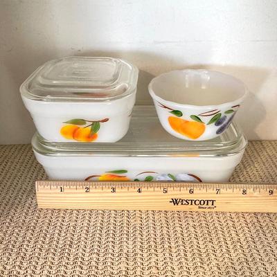 LOT 66: Vintage Fire King Oven Ware Milk Glass Pear Peach Grapes Set with Cookbooks, Towels and More