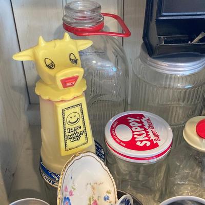 LOT 67: Vintage / Antique Kitchen Gadgets - Have a Happy Day Whirley Industries Cow, Dairy Bottles, Utensils, Glass Containers and More