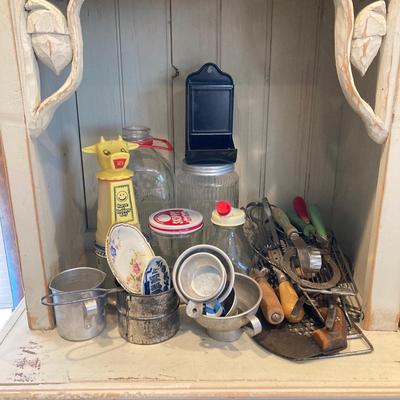 LOT 67: Vintage / Antique Kitchen Gadgets - Have a Happy Day Whirley Industries Cow, Dairy Bottles, Utensils, Glass Containers and More