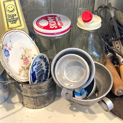 LOT 67: Vintage / Antique Kitchen Gadgets - Have a Happy Day Whirley Industries Cow, Dairy Bottles, Utensils, Glass Containers and More