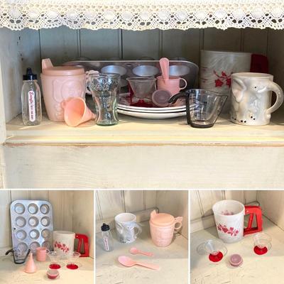 LOT 68: Sweet Children's Kitchen Bake / Play Collection - Doll-E-Toys Pink Cup, Worthmore Aluminum Cup Cake Baking Tray, Plates,