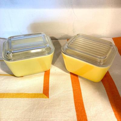 LOT 70: Vintage Pyrex Yellow Refrigerator Dishes with Lids, Cook Books, Tablecloth and Crocheted Pot Holders