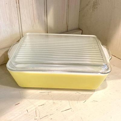 LOT 70: Vintage Pyrex Yellow Refrigerator Dishes with Lids, Cook Books, Tablecloth and Crocheted Pot Holders
