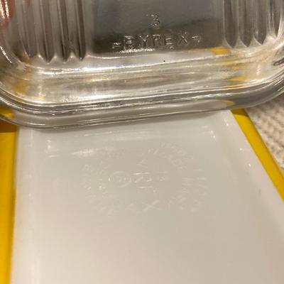 LOT 70: Vintage Pyrex Yellow Refrigerator Dishes with Lids, Cook Books, Tablecloth and Crocheted Pot Holders