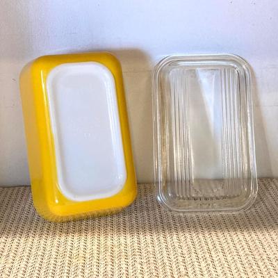 LOT 70: Vintage Pyrex Yellow Refrigerator Dishes with Lids, Cook Books, Tablecloth and Crocheted Pot Holders