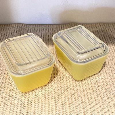 LOT 70: Vintage Pyrex Yellow Refrigerator Dishes with Lids, Cook Books, Tablecloth and Crocheted Pot Holders