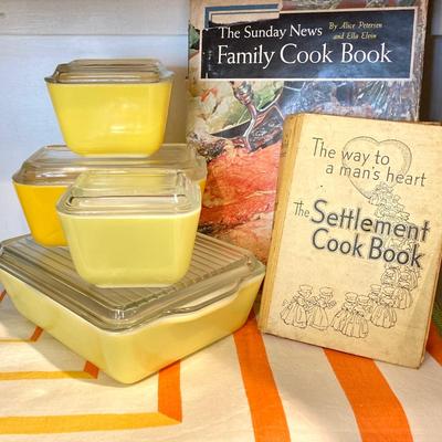 LOT 70: Vintage Pyrex Yellow Refrigerator Dishes with Lids, Cook Books, Tablecloth and Crocheted Pot Holders