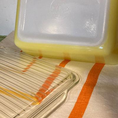 LOT 70: Vintage Pyrex Yellow Refrigerator Dishes with Lids, Cook Books, Tablecloth and Crocheted Pot Holders