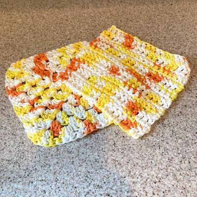 LOT 70: Vintage Pyrex Yellow Refrigerator Dishes with Lids, Cook Books, Tablecloth and Crocheted Pot Holders