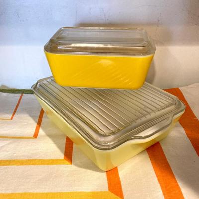 LOT 70: Vintage Pyrex Yellow Refrigerator Dishes with Lids, Cook Books, Tablecloth and Crocheted Pot Holders