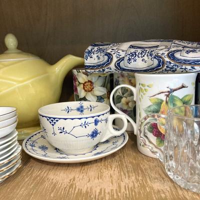 LOT 71: Kitchen Cabinet Tea Time Essentials - Tea Pot, Mugs, Tea Bag Holders, Trivet and More