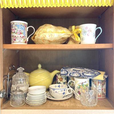 LOT 71: Kitchen Cabinet Tea Time Essentials - Tea Pot, Mugs, Tea Bag Holders, Trivet and More