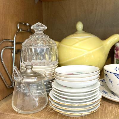 LOT 71: Kitchen Cabinet Tea Time Essentials - Tea Pot, Mugs, Tea Bag Holders, Trivet and More