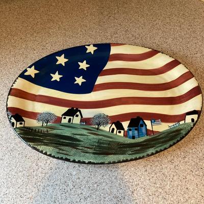 LOT 73: Large Vintage Home Decor Collection - Longaberger Handmade Basket, Wooden Spools, Lillian Vernon Americana Serving Plate and Much...