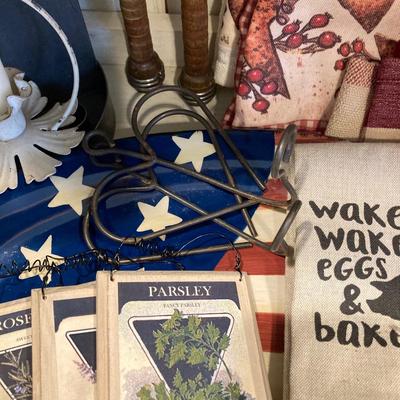 LOT 73: Large Vintage Home Decor Collection - Longaberger Handmade Basket, Wooden Spools, Lillian Vernon Americana Serving Plate and Much...