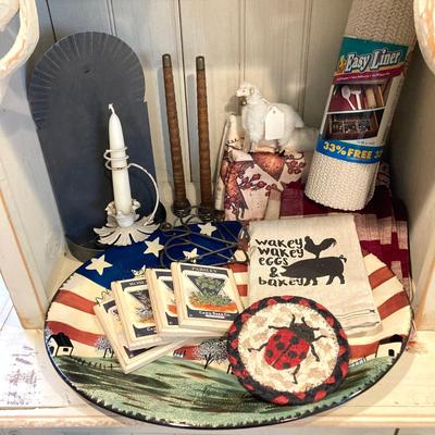 LOT 73: Large Vintage Home Decor Collection - Longaberger Handmade Basket, Wooden Spools, Lillian Vernon Americana Serving Plate and Much...