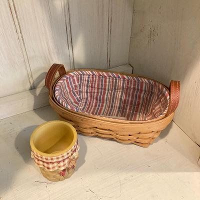 LOT 73: Large Vintage Home Decor Collection - Longaberger Handmade Basket, Wooden Spools, Lillian Vernon Americana Serving Plate and Much...