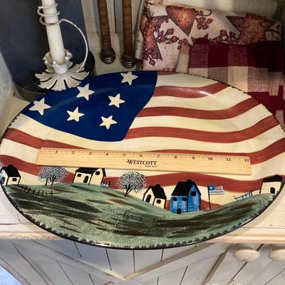 LOT 73: Large Vintage Home Decor Collection - Longaberger Handmade Basket, Wooden Spools, Lillian Vernon Americana Serving Plate and Much...