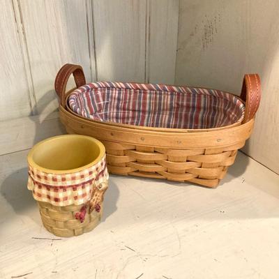 LOT 73: Large Vintage Home Decor Collection - Longaberger Handmade Basket, Wooden Spools, Lillian Vernon Americana Serving Plate and Much...