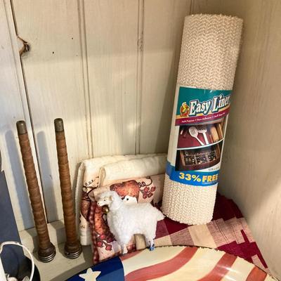 LOT 73: Large Vintage Home Decor Collection - Longaberger Handmade Basket, Wooden Spools, Lillian Vernon Americana Serving Plate and Much...