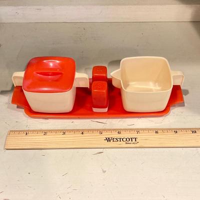 LOT 75: Vintage / Antique Kitchen Collection - Geo Z Lefton Wall Pocket, Aluminum Mixer / Cans, Federal Tool Corp Cream / Sugar Salt...