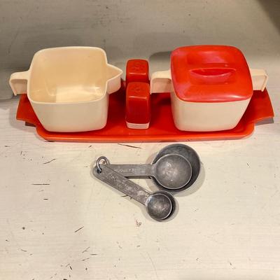 LOT 75: Vintage / Antique Kitchen Collection - Geo Z Lefton Wall Pocket, Aluminum Mixer / Cans, Federal Tool Corp Cream / Sugar Salt...