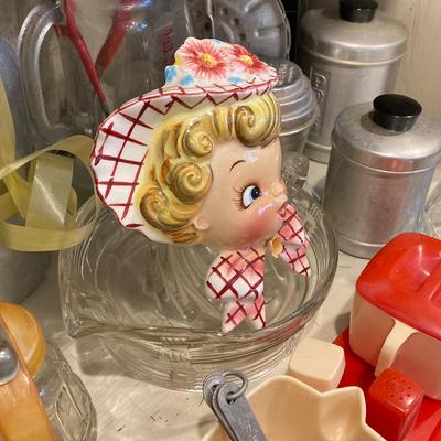 LOT 75: Vintage / Antique Kitchen Collection - Geo Z Lefton Wall Pocket, Aluminum Mixer / Cans, Federal Tool Corp Cream / Sugar Salt...