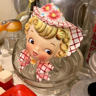 LOT 75: Vintage / Antique Kitchen Collection - Geo Z Lefton Wall Pocket, Aluminum Mixer / Cans, Federal Tool Corp Cream / Sugar Salt...