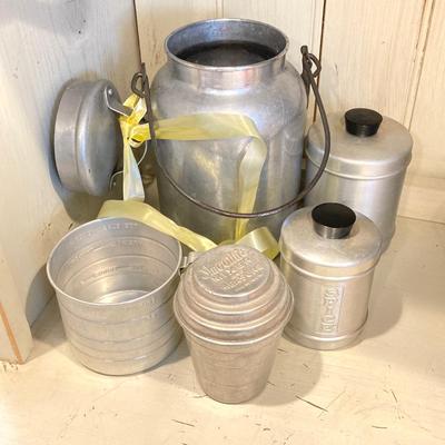 LOT 75: Vintage / Antique Kitchen Collection - Geo Z Lefton Wall Pocket, Aluminum Mixer / Cans, Federal Tool Corp Cream / Sugar Salt...