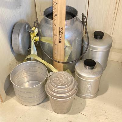 LOT 75: Vintage / Antique Kitchen Collection - Geo Z Lefton Wall Pocket, Aluminum Mixer / Cans, Federal Tool Corp Cream / Sugar Salt...