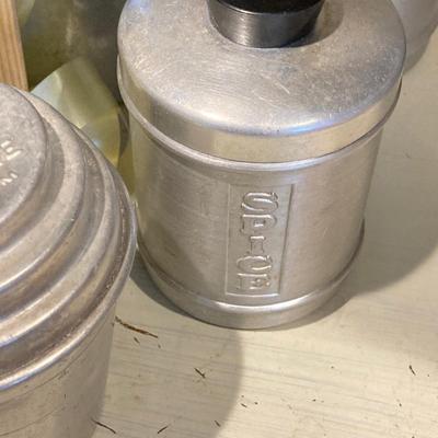 LOT 75: Vintage / Antique Kitchen Collection - Geo Z Lefton Wall Pocket, Aluminum Mixer / Cans, Federal Tool Corp Cream / Sugar Salt...