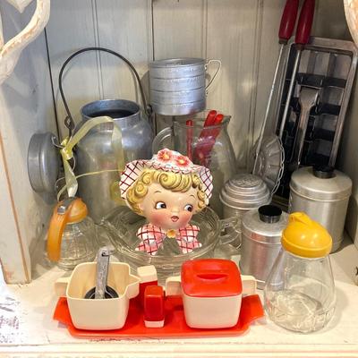 LOT 75: Vintage / Antique Kitchen Collection - Geo Z Lefton Wall Pocket, Aluminum Mixer / Cans, Federal Tool Corp Cream / Sugar Salt...