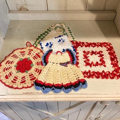 LOT 78: Vintage / Antique Kitchen Pots, Utensils / Gadgets, Crocheted Pot Holders and More