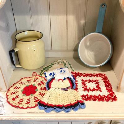 LOT 78: Vintage / Antique Kitchen Pots, Utensils / Gadgets, Crocheted Pot Holders and More