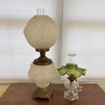 LOT 83: Vintage Electric Parlor Lamp & Hurricane/Oil Lamp w/Green Glass Ruffled Shade