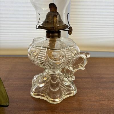 LOT 83: Vintage Electric Parlor Lamp & Hurricane/Oil Lamp w/Green Glass Ruffled Shade