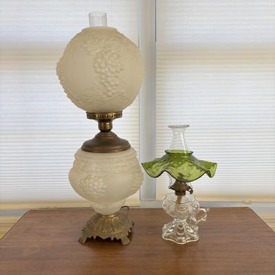 LOT 83: Vintage Electric Parlor Lamp & Hurricane/Oil Lamp w/Green Glass Ruffled Shade