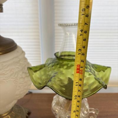 LOT 83: Vintage Electric Parlor Lamp & Hurricane/Oil Lamp w/Green Glass Ruffled Shade