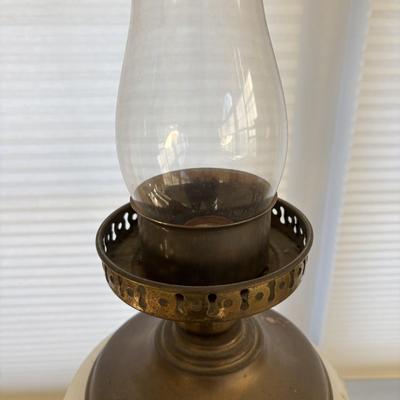 LOT 83: Vintage Electric Parlor Lamp & Hurricane/Oil Lamp w/Green Glass Ruffled Shade